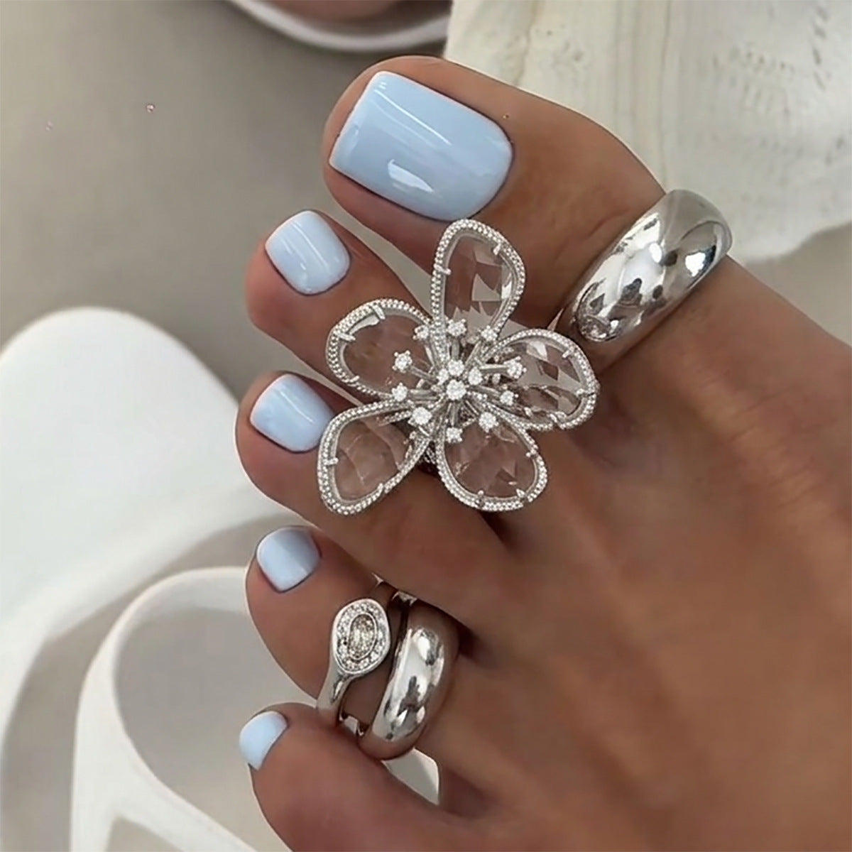 Alloy Floral Rhinestone Open Toe Ring Set for Women