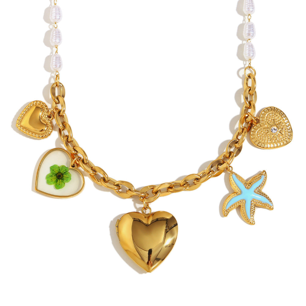Minimalist Luxury Heart Geometric Stainless Steel 18K Gold Plated Pearl Locket Charm Bar Necklace for Women