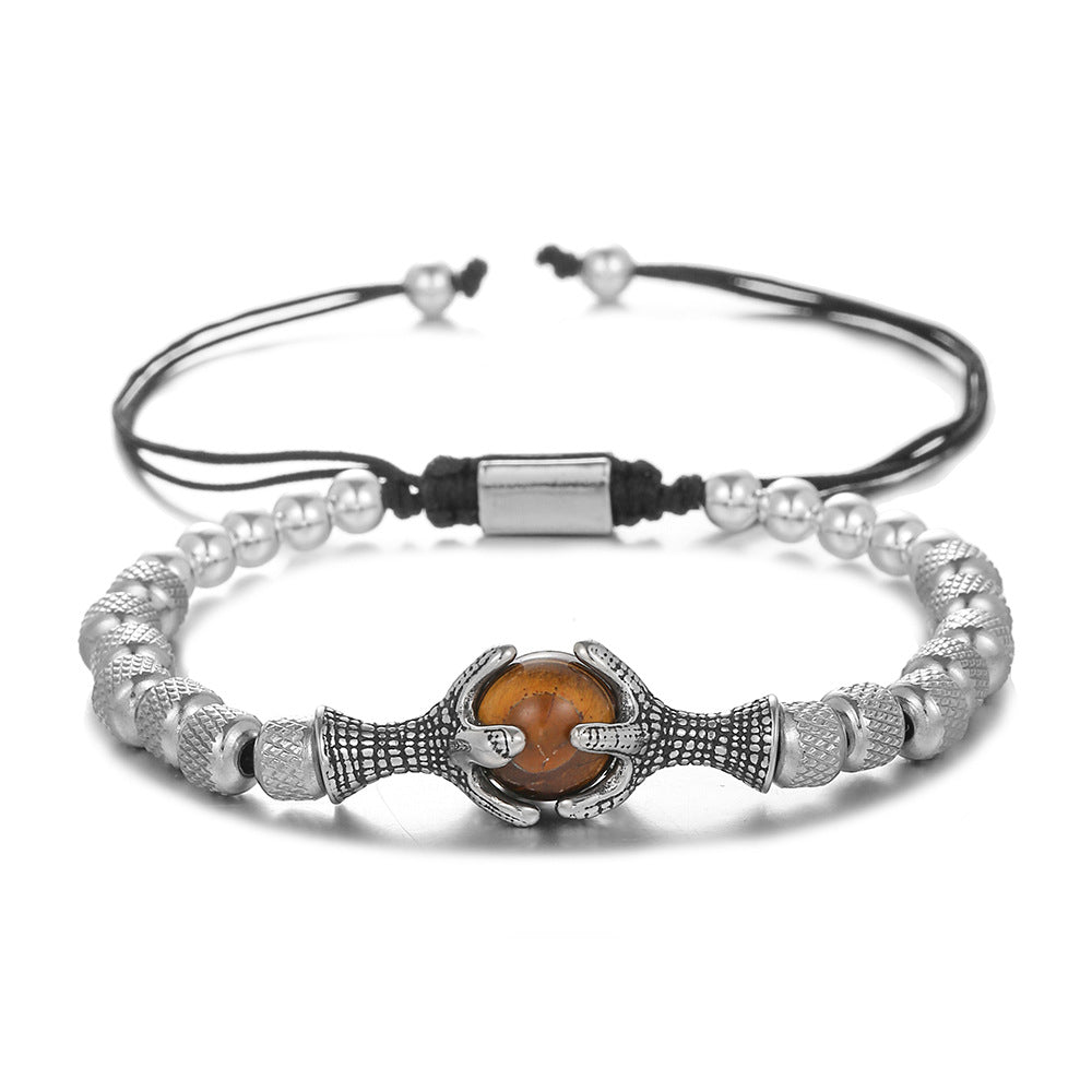 Geometric Titanium Steel Dragon Claw Braided Adjustable Bracelet with Natural Tiger's Eye Stone