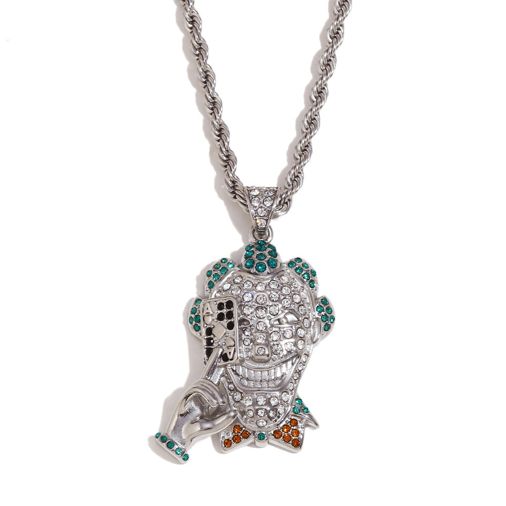 Vintage Geometric Stainless Steel Gold Plated Rhinestone Pendant Rope Chain Necklace for Men