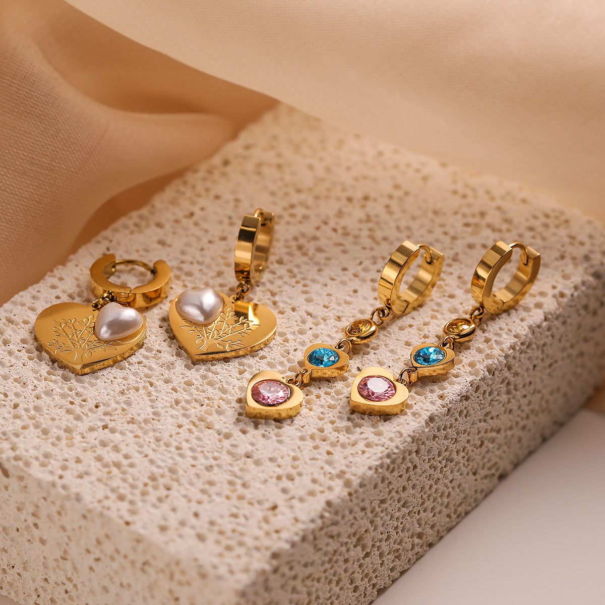 Minimalist Heart-Shaped Titanium Steel Earrings with Genuine Gold Plating and Zircon Inlay for Women