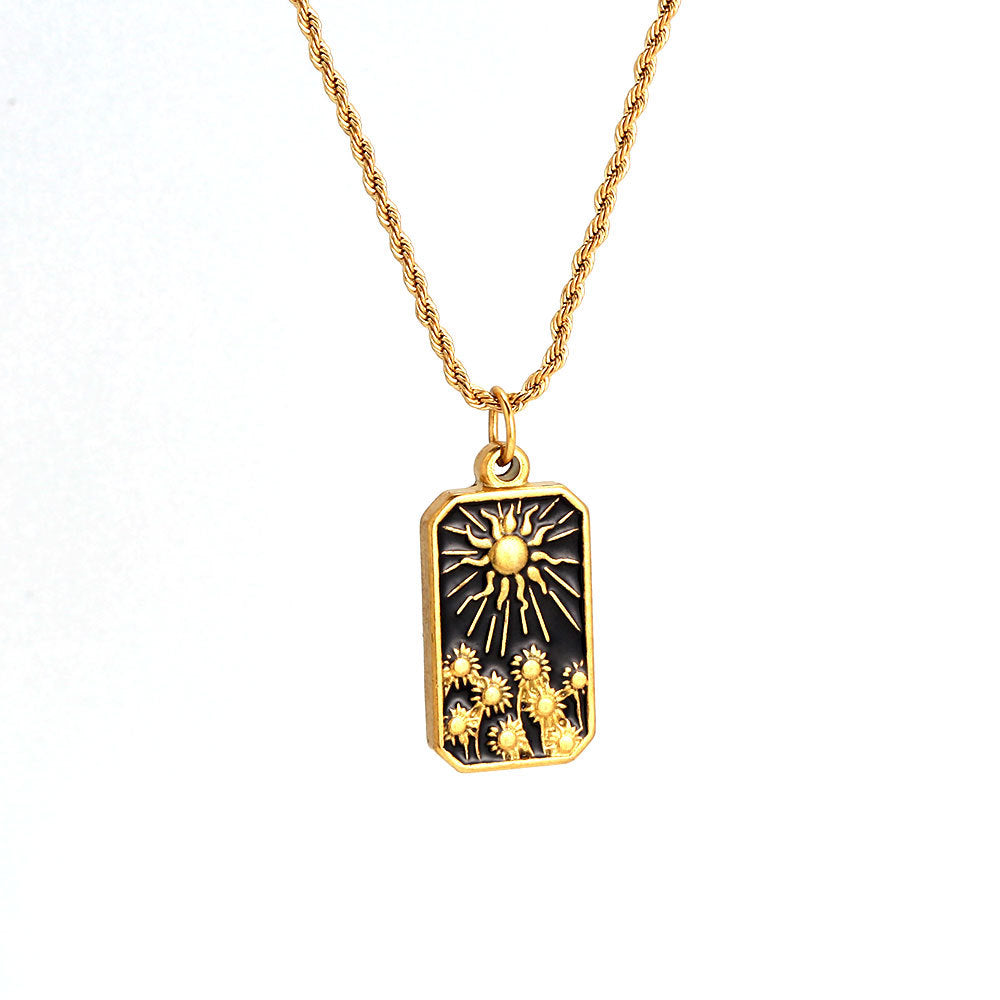 Elegante collar vintage de acero inoxidable con colgante cuadrado de esmalte de tarot con motivos de estrella y sol en cadena trenzada para mujer