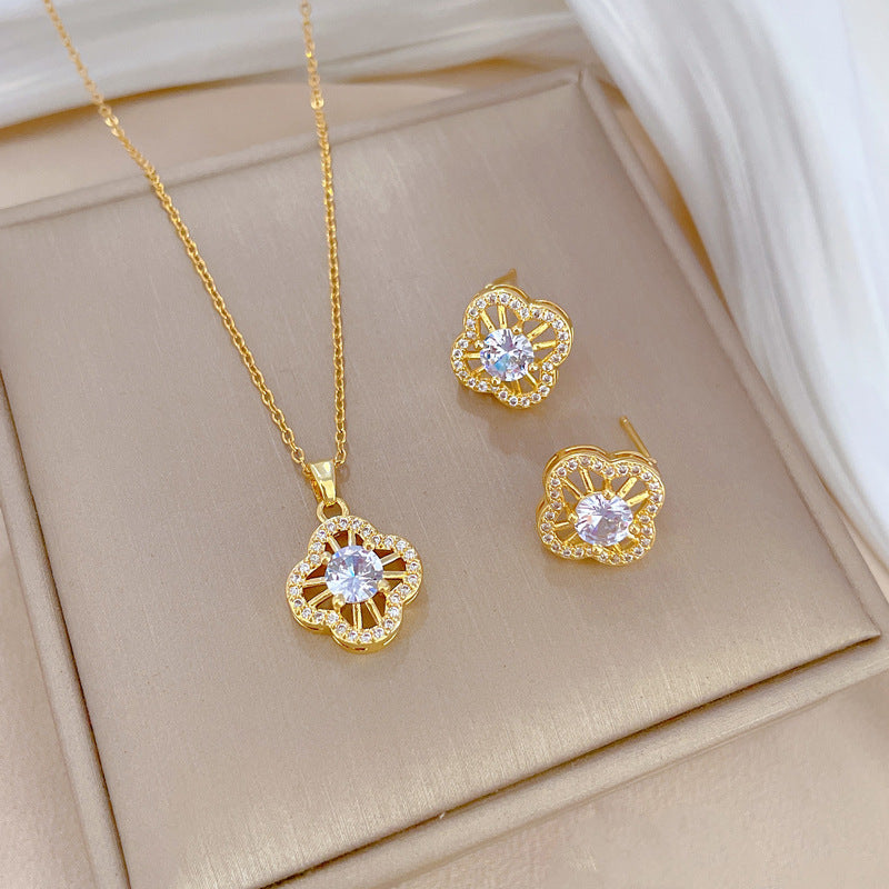 Luxury Fresh and Sweet Plated Brass Zircon Micro-Pave Earrings and Necklace Set