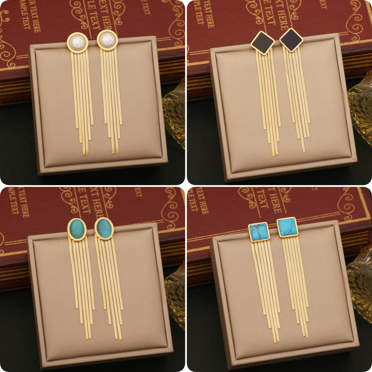 Vintage-Style Geometric Stainless Steel Earrings with Tassel and Pearl Accents Cat Eye Oval Design for Women