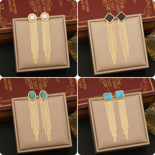 Vintage-Style Geometric Stainless Steel Earrings with Tassel and Pearl Accents Cat Eye Oval Design for Women