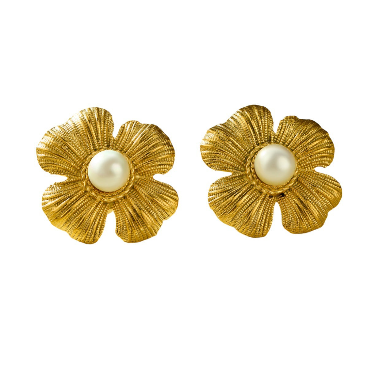 Pendientes minimalistas de titanio con forma floral, incrustaciones de perlas y acabado chapado para mujer
