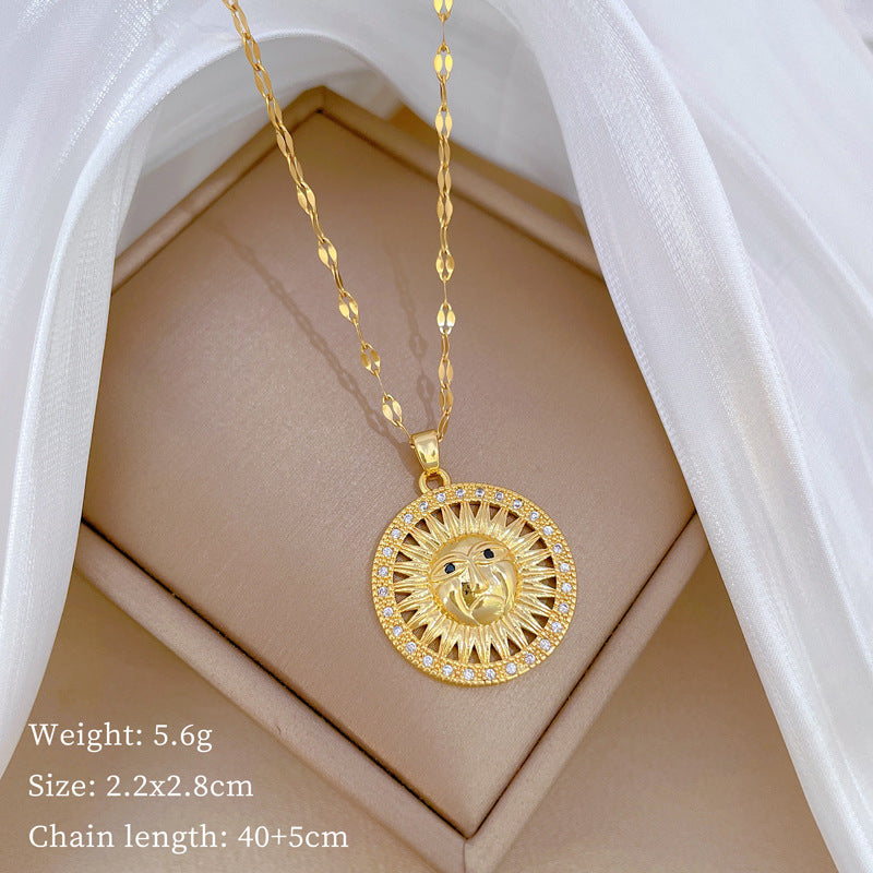 Collana pendente a girasole geometrico minimalista in acciaio al titanio con accenti di strass per uomo e donna