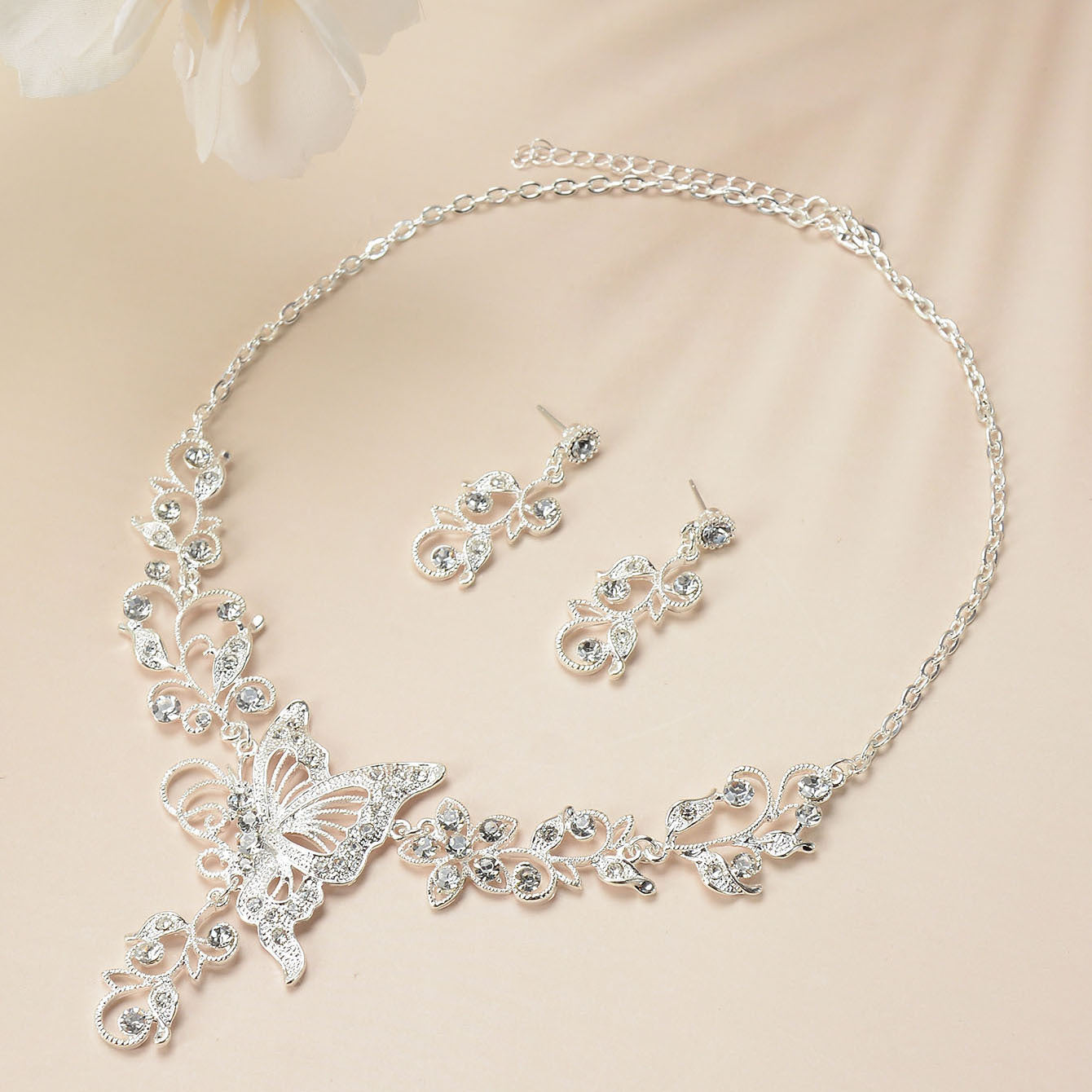 Set collana e orecchini a farfalla con strass, placcato in lega, per matrimonio e sposa