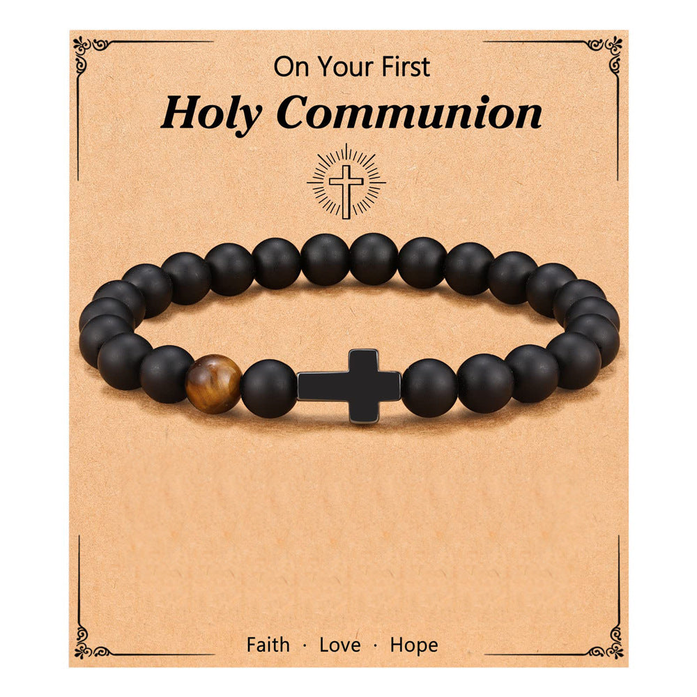 Matte Natural Black Agate and Yellow Tiger Eye Cross Bracelet Unisex 8mm Beaded Hand Chain