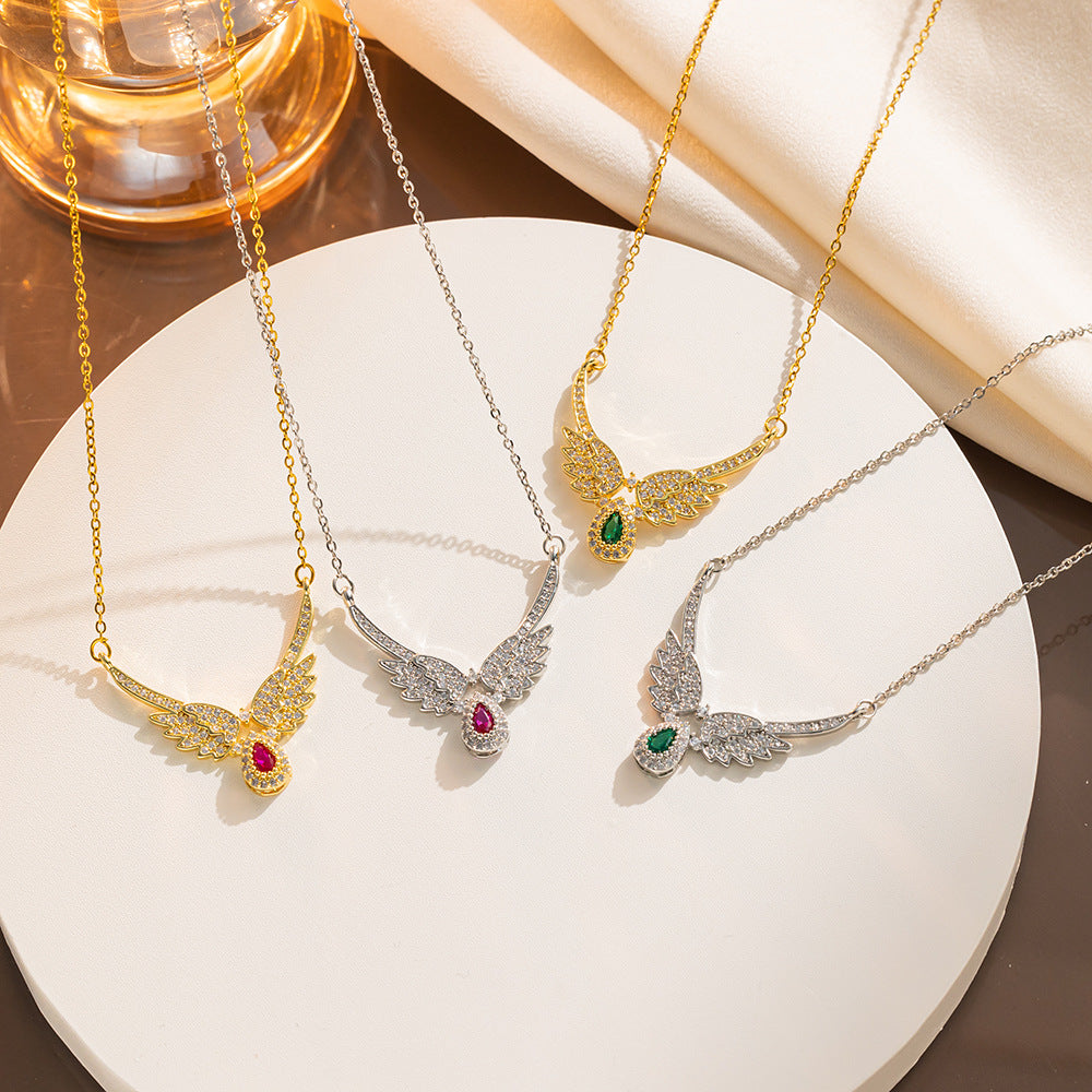 Minimalist Angel Wing Pendant Necklace for Women in Titanium Steel with Rhinestone Inlay on O-Chain
