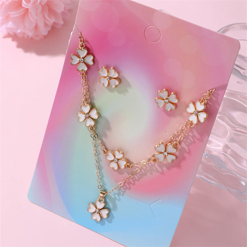 Minimalist Bowknot Resin Necklace Set for Girls with Matching Bracelet and Stud Earrings Featuring Enamel Finish