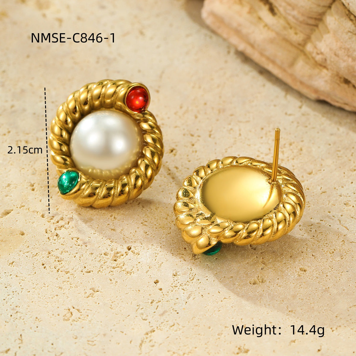 Pendientes de acero inoxidable redondos trenzados de estilo vintage con incrustaciones de perlas y detalles de piedra natural