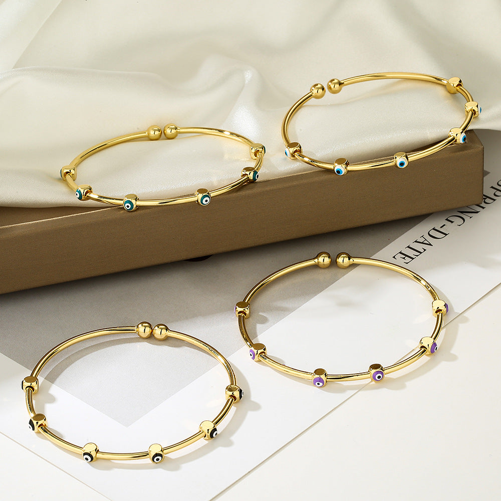 Gold Plated Brass Drip Oil Evil Eye Adjustable Cuff Bracelet for Women