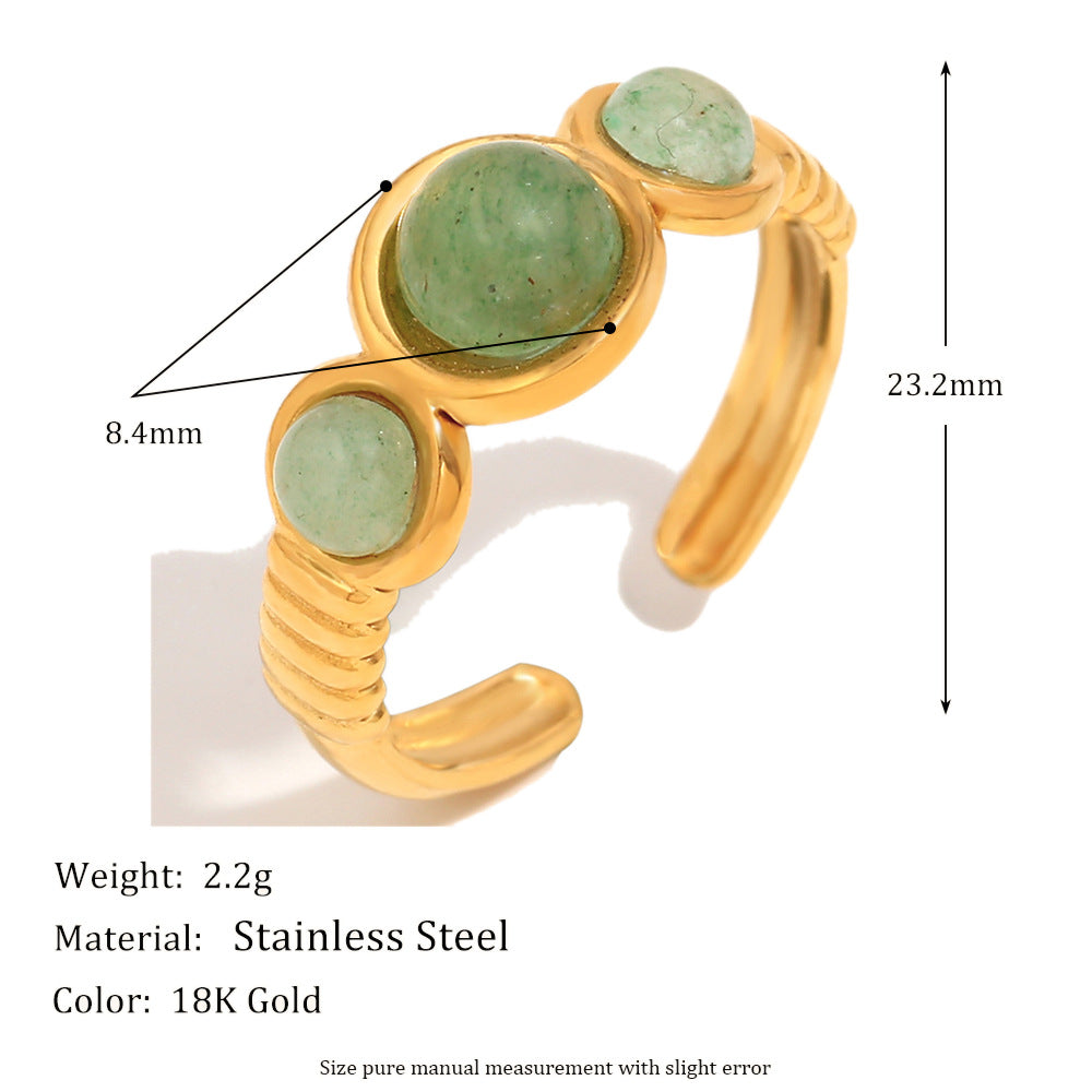 Minimalist Vintage Geometric Stainless Steel Ring with 18K Gold Plating and Green Aventurine Accents for Women
