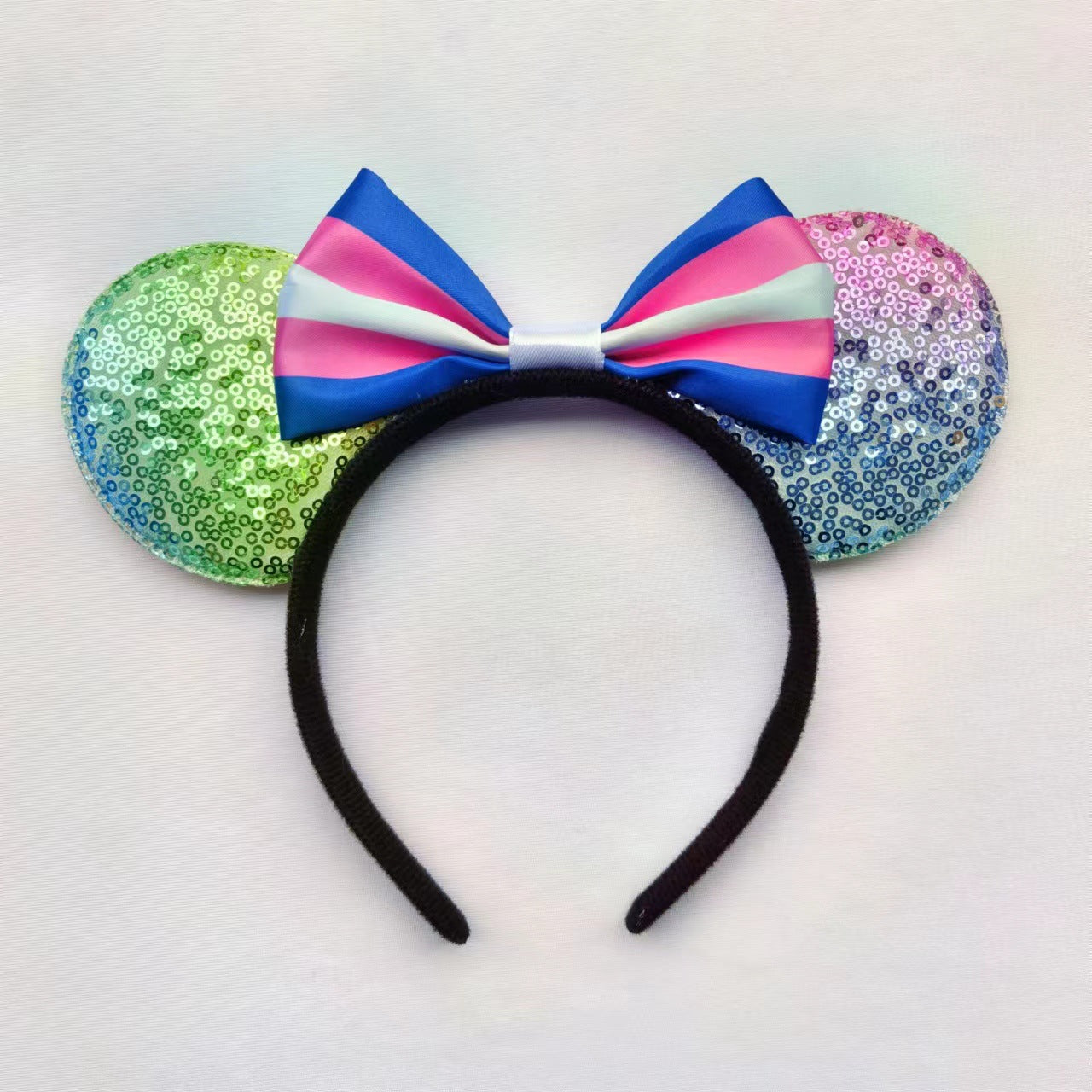 Cartoon Mickey Mouse Ear Headband with Rainbow Sequins and Bow for Theme Parties