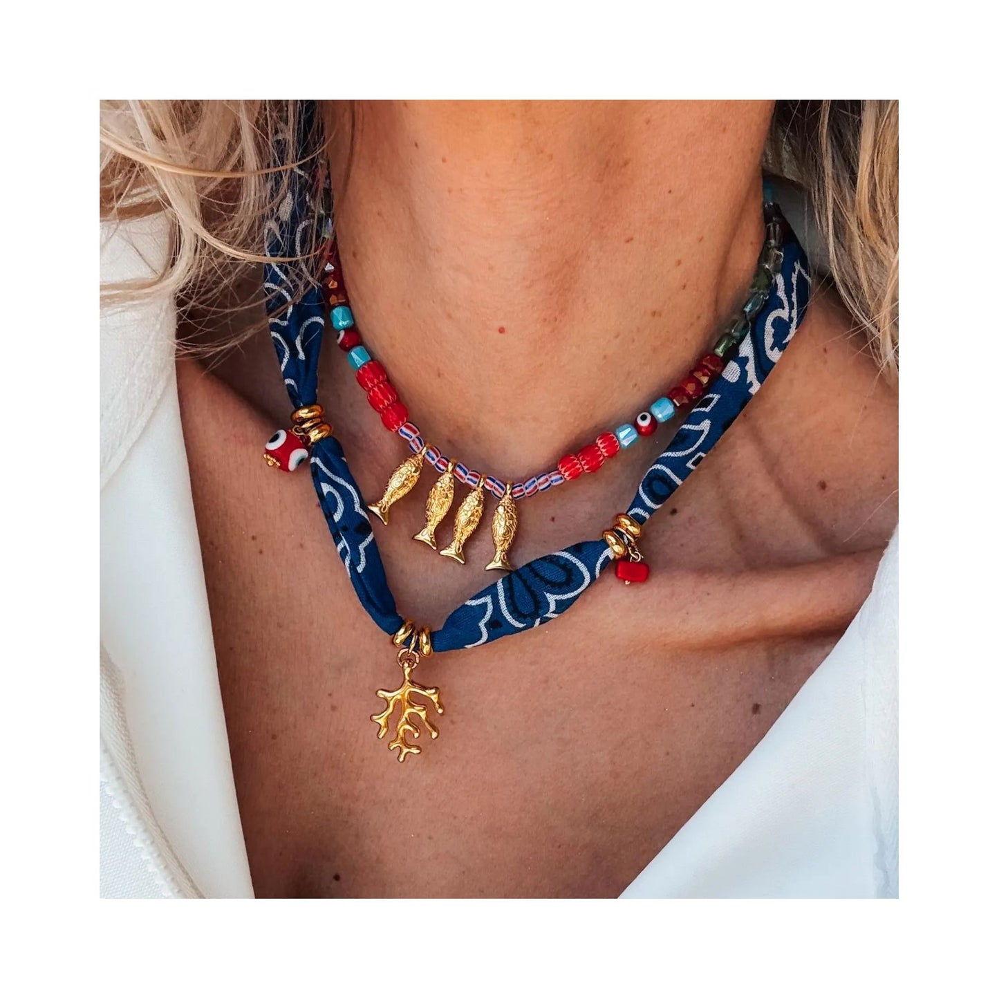 Dopamine Colorful Coral Fish Beaded Necklace for Women, Geometric Style Copper Pendant with Stainless Steel Charm, Electroplated Finish, Elegant Sweater Chain