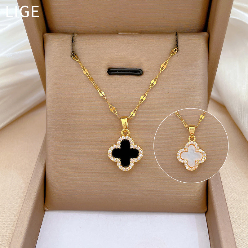 Lucky Clover Necklace and Earrings Set in Titanium Steel with Geometric Design, Electroplated Finish, Fresh and Sweet Style