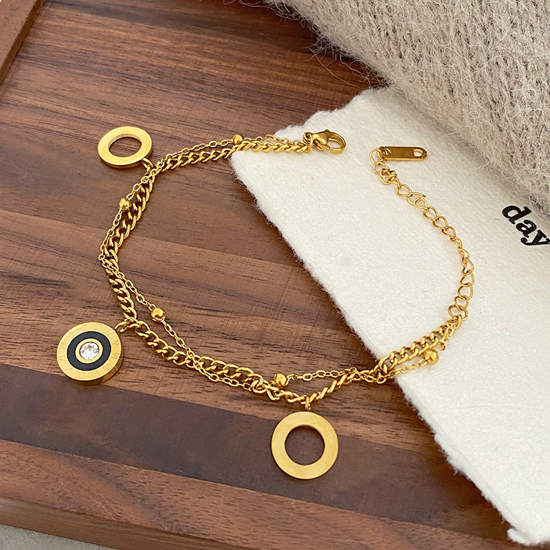 Hip-hop Titanium Steel Double Layer Bracelet with Roman Number and Cubic Zirconia
