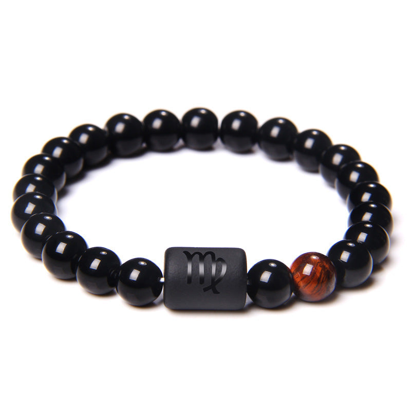 Unisex Adjustable 8mm White Crystal Tiger Eye Obsidian Zodiac Beaded Bracelet