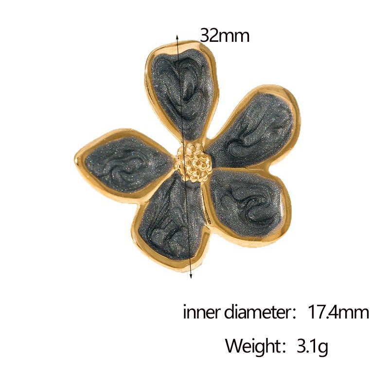 Vintage French-Style Stainless Steel Ring with Enamel Five-Petal Floral Design for Women, Minimalist Adjustable Open Band