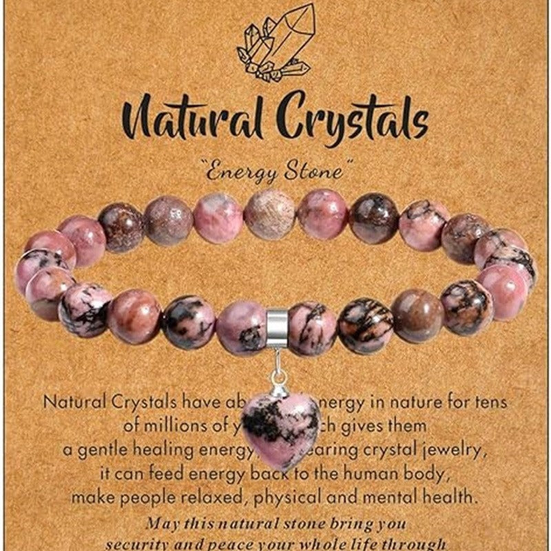 Minimalist Natural Stone Beaded Bracelet with Heart Pendant Unisex Elastic Stretch Bangle
