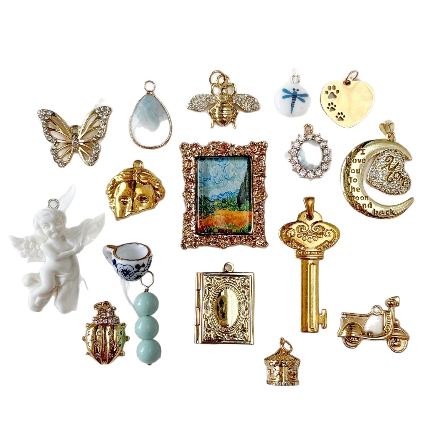 Vintage 18K Gold Plated Brass Moon Pendant with Drip Oil Floral Pattern Charm Bar for Women