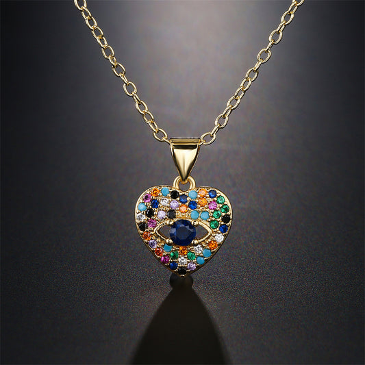 Multi-Color Cubic Zirconia Heart Geometric Inlay Brass Necklace with Cable Chain