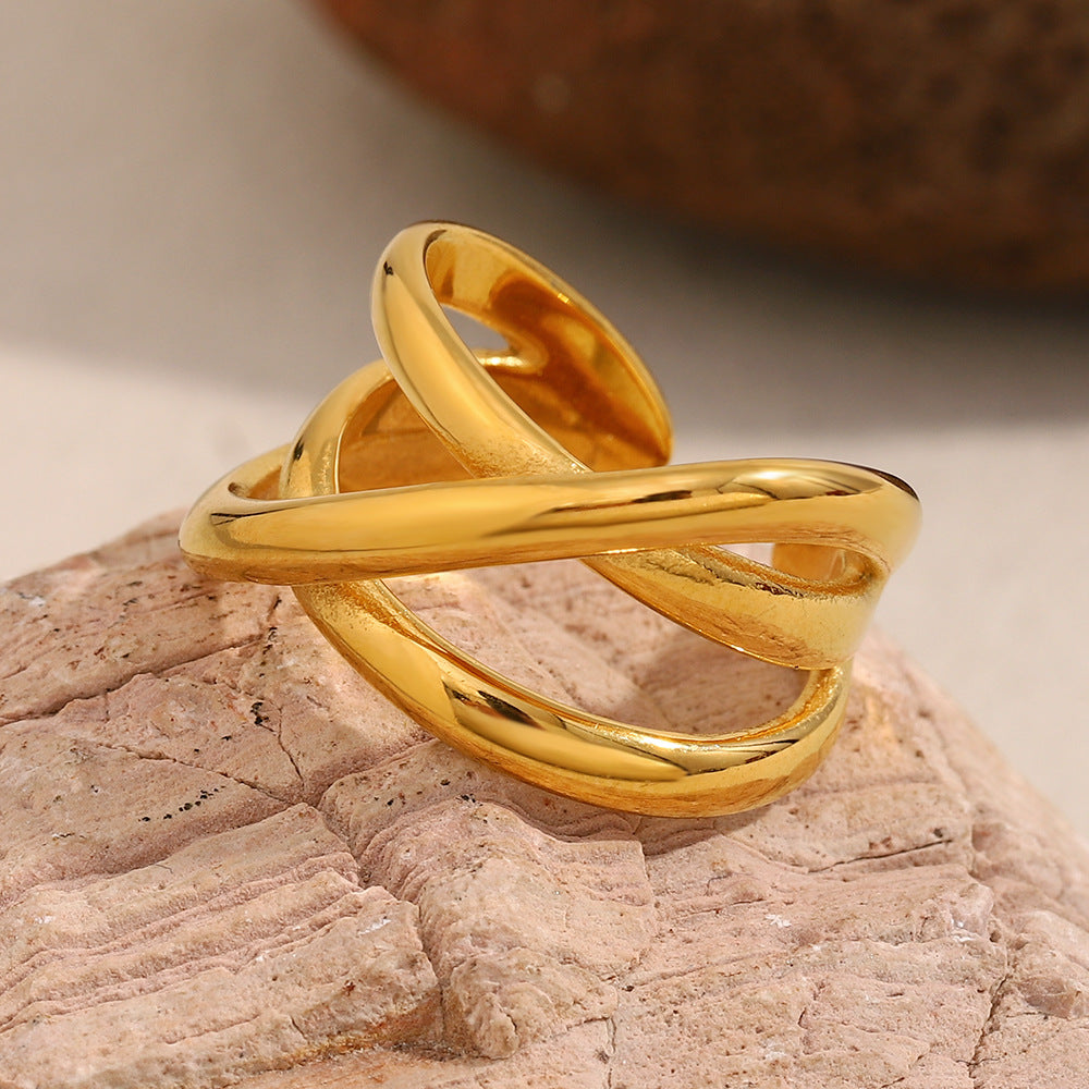 Vintage-Inspired Geometric Stainless Steel Ring with 18K Gold Plating for Women