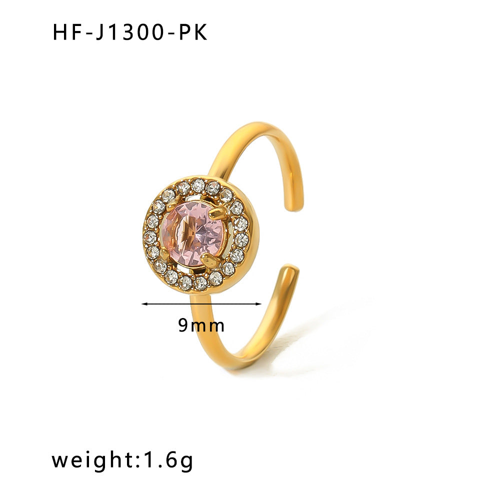 Vintage Stainless Steel Heart-Shaped Geometric Ring with Zircon Inlay and 18K Vacuum Plating for Women