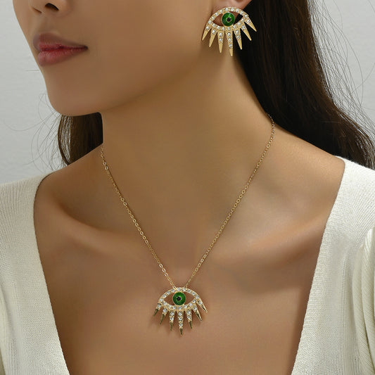 Set Collana con Ciondolo Occhio di Allah e Orecchini a Perno Stile Hip Hop da Donna in Lega con Intarsi in Strass