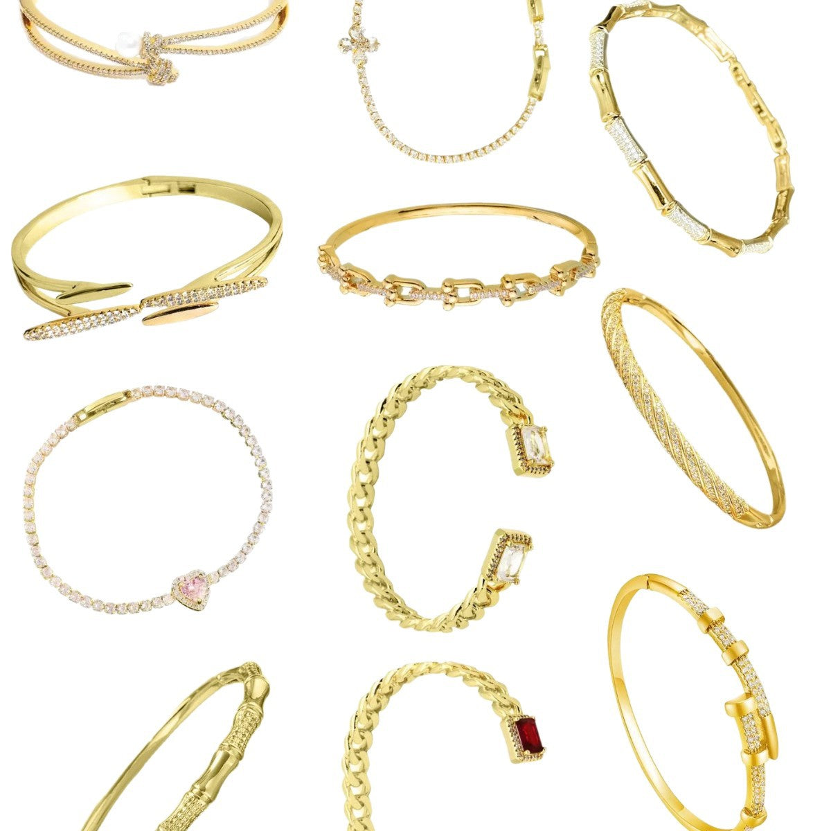 Braccialetto da donna in ottone placcato con intarsio di strass a cuore geometrico, elegante e lussuoso