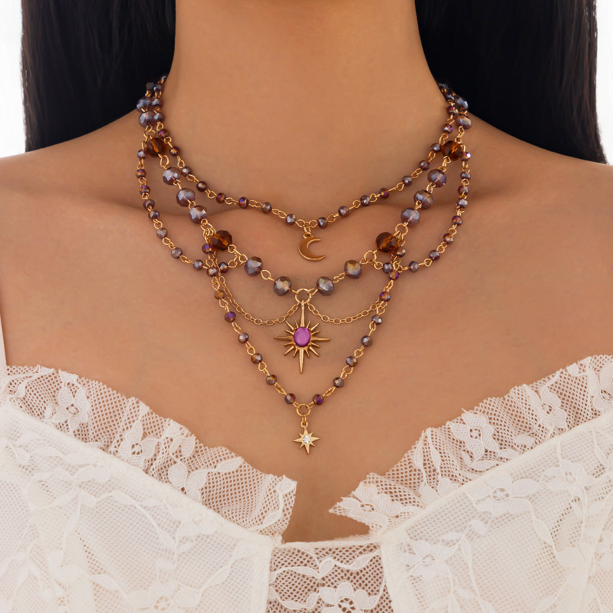 Minimalist Irregular Moon Pendant Necklace for Women with Alloy Base Rhinestone Accents and Plated Finish