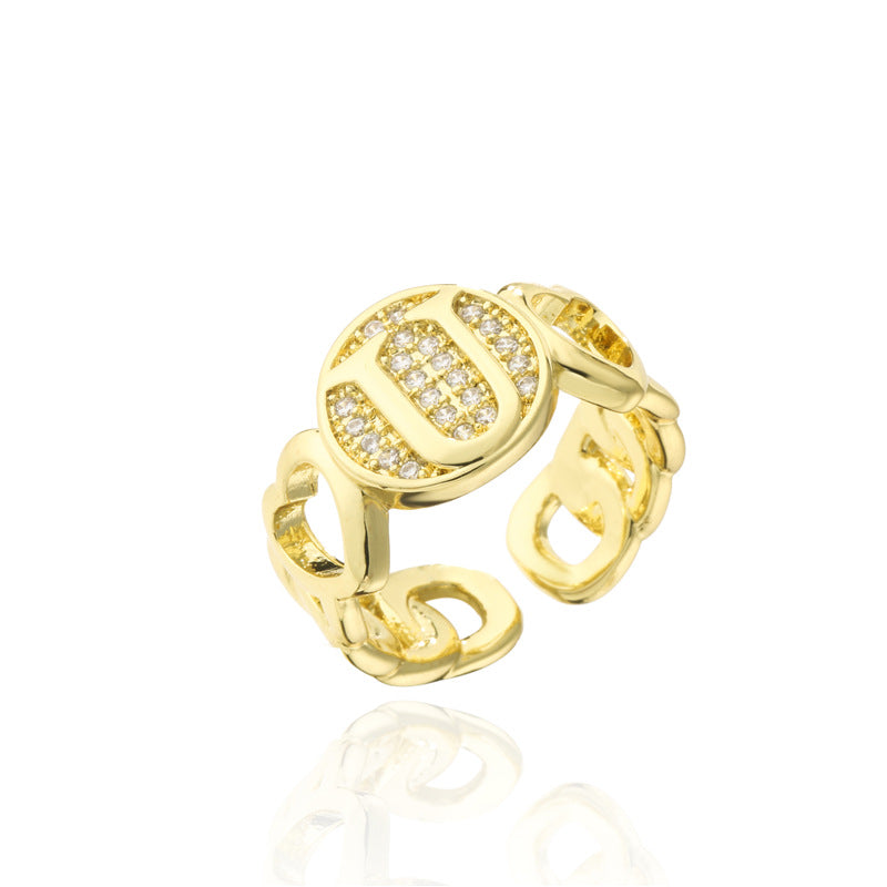 18K Gold Plated Brass Micro-Paved Cubic Zirconia Heart Letter Cuban Link Chain Open Ring for Women