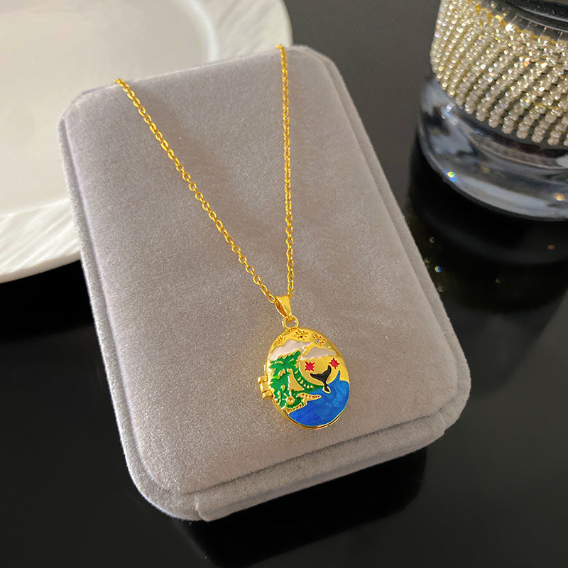 Vintage Drip Oil Floral Heart Oval Pendant Gold Plated Brass Necklace for Women