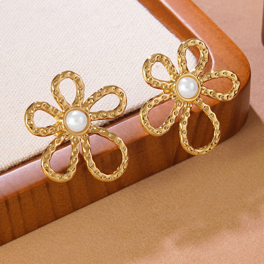Luxury Stainless Steel Stamped Floral Stud Earrings for Women