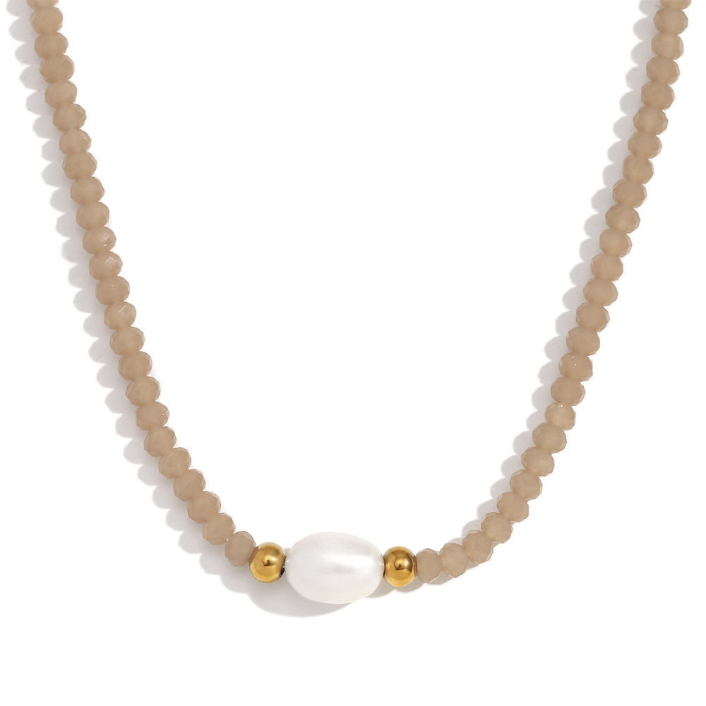 Fashionable Vintage Geometric Stainless Steel Pendant Necklace with Freshwater Pearl and Light Crystal Beads for Women