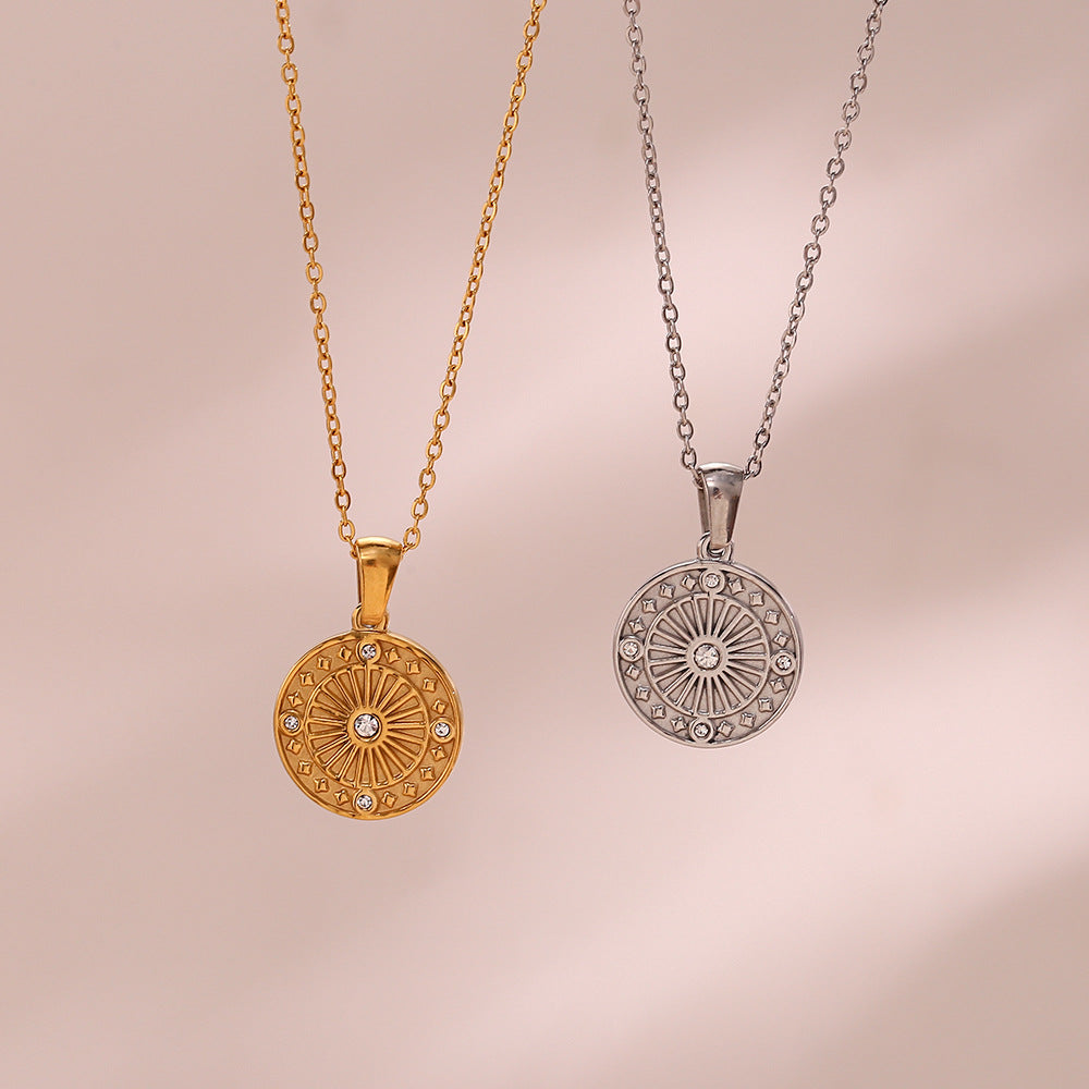 Minimalist Geometric Compass Pendant Necklace in Stainless Steel with Rhinestone Inlay for Women