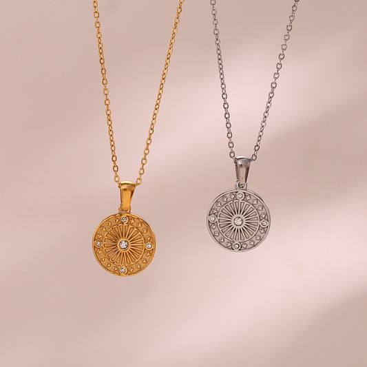 Minimalist Geometric Compass Pendant Necklace in Stainless Steel with Rhinestone Inlay for Women