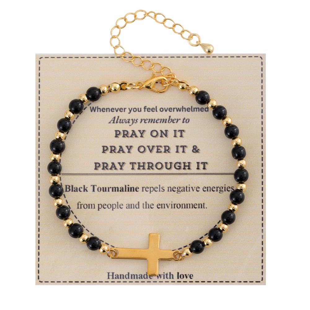 Minimalist Natural Stone Cross Bracelet with Turquoise and Amethyst Inlay for Women