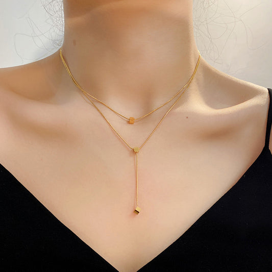 Minimalist Geometric Titanium Steel Plated Layered Necklace for Women and Men, Fashionable Square Pendant Choker Chain