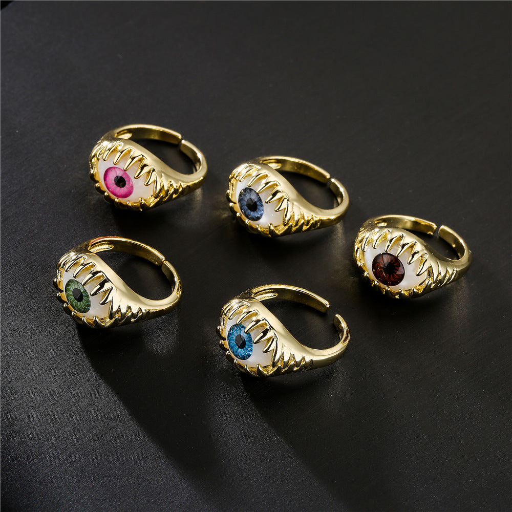 Geometric Micro-Inlay Gold Plated Brass Evil Eye Ring for Women