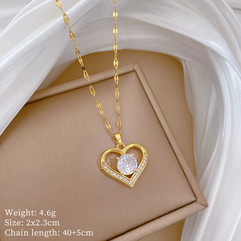Minimalist Sweet Heart Geometric Titanium Steel Necklace with Rhinestone Inlay Brass Pendant for Women