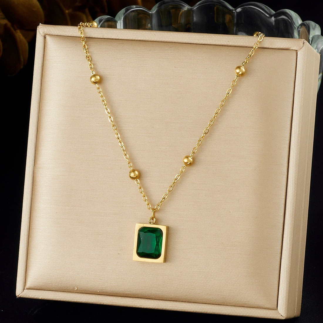 Gold Plated Square Geometric Rhinestone Inlay Stainless Steel Pendant Necklace for Women
