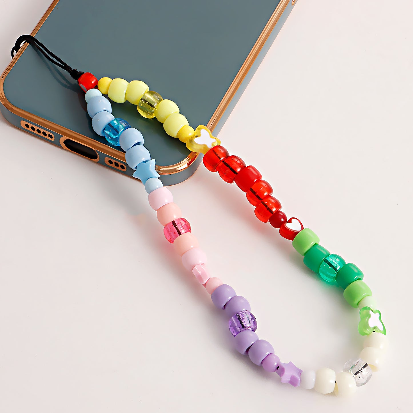 Colorful Gradient Heart Geometric Plated Alloy Beaded Phone Chain for Women