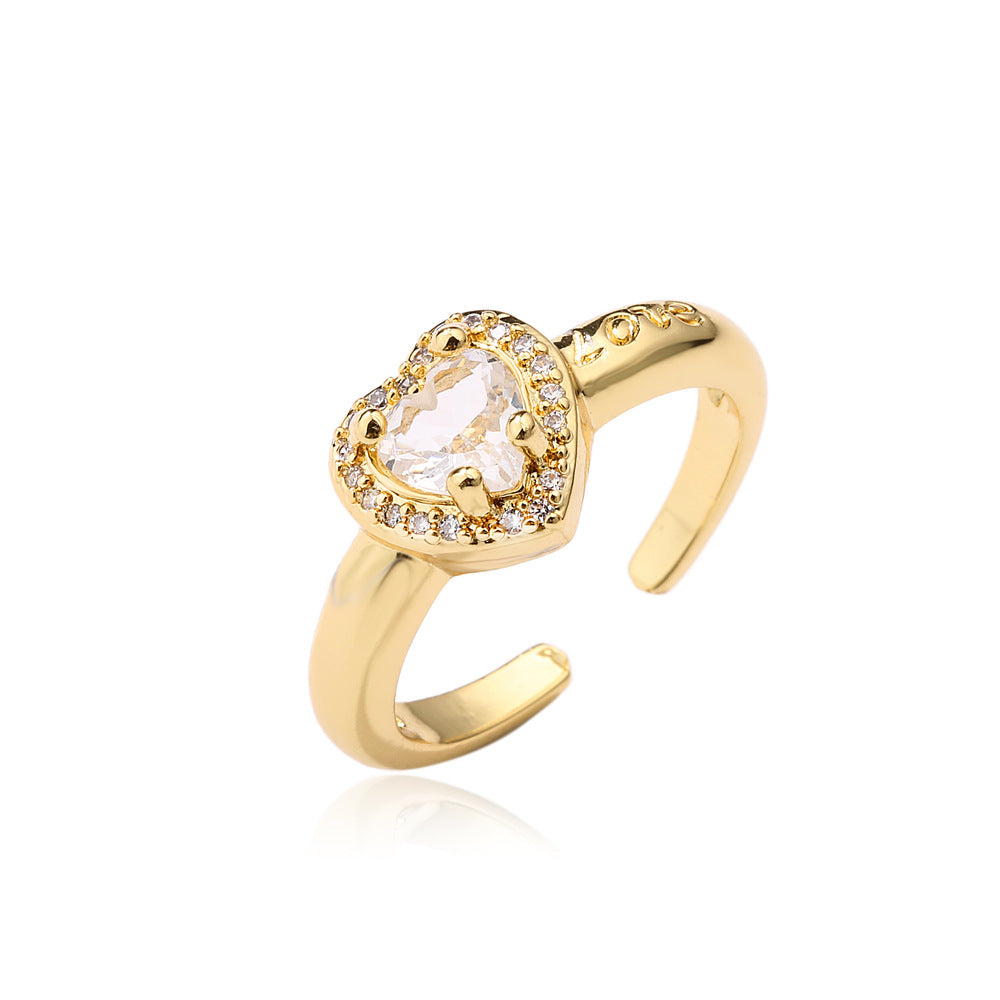 Gold Plated Brass Micro-Inlaid Cubic Zirconia Heart Geometric Ring for Women