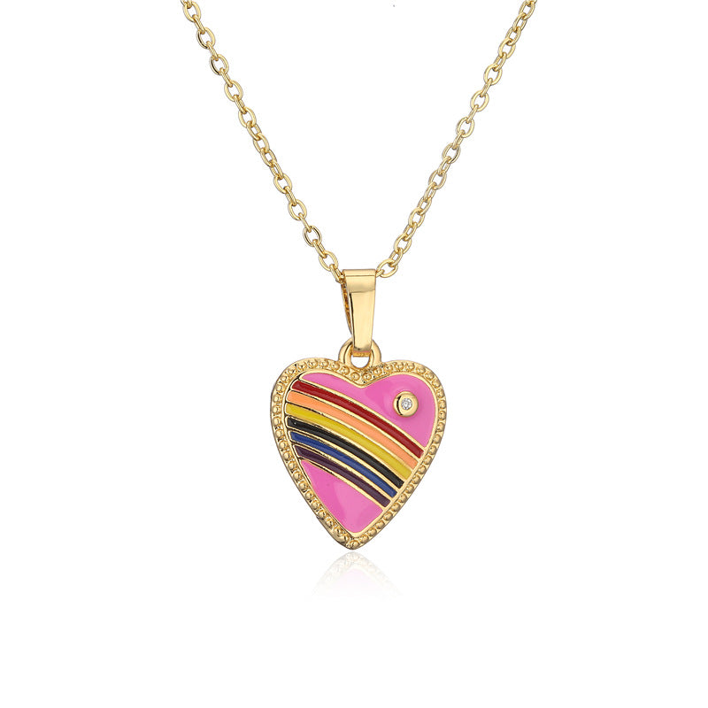 Rainbow Gradient Drip Oil Heart 18K Gold Plated Brass Necklace Cable Chain