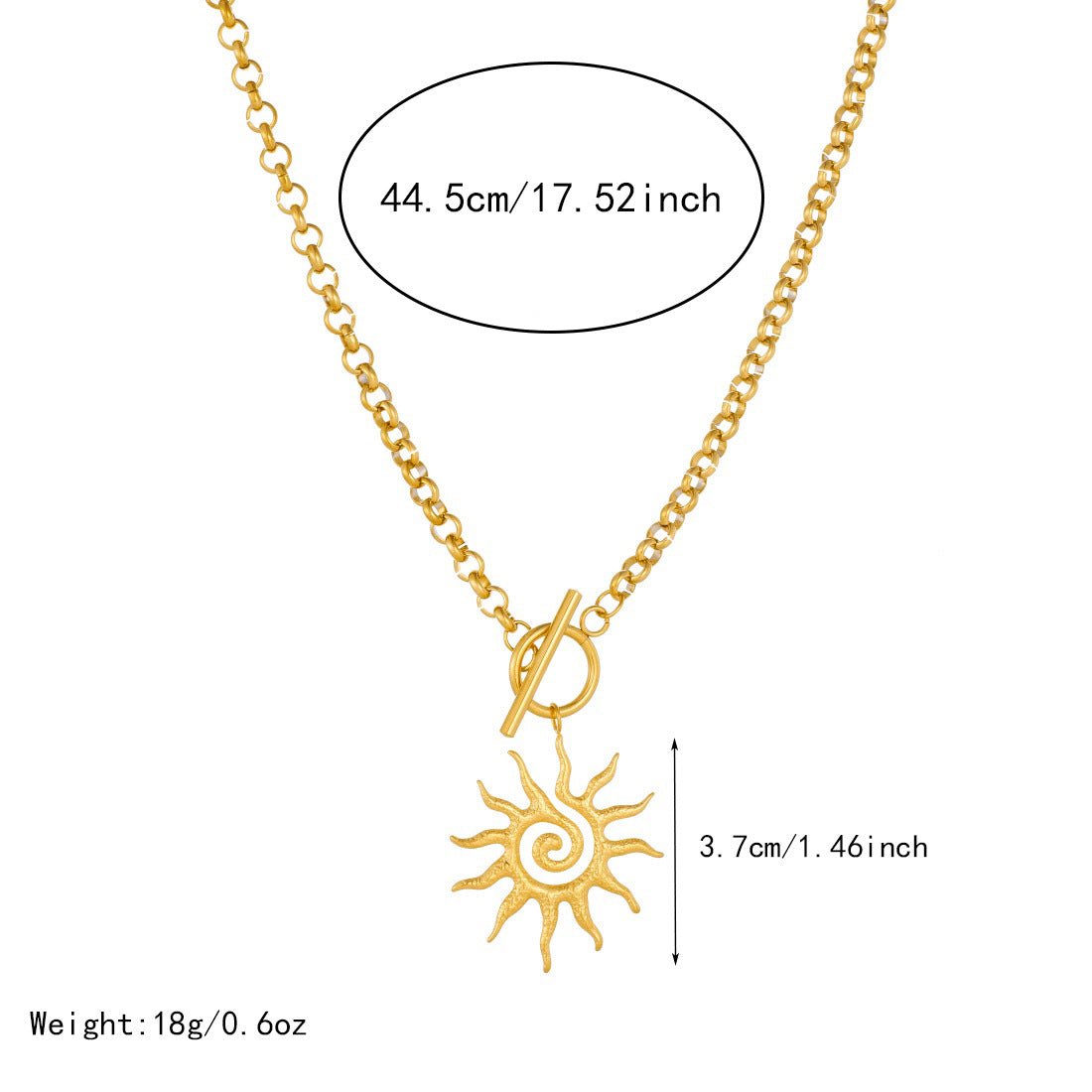 Vintage Gold Plated Geometric Sun Spiral Pendant Stainless Steel Cable Chain Necklace for Women