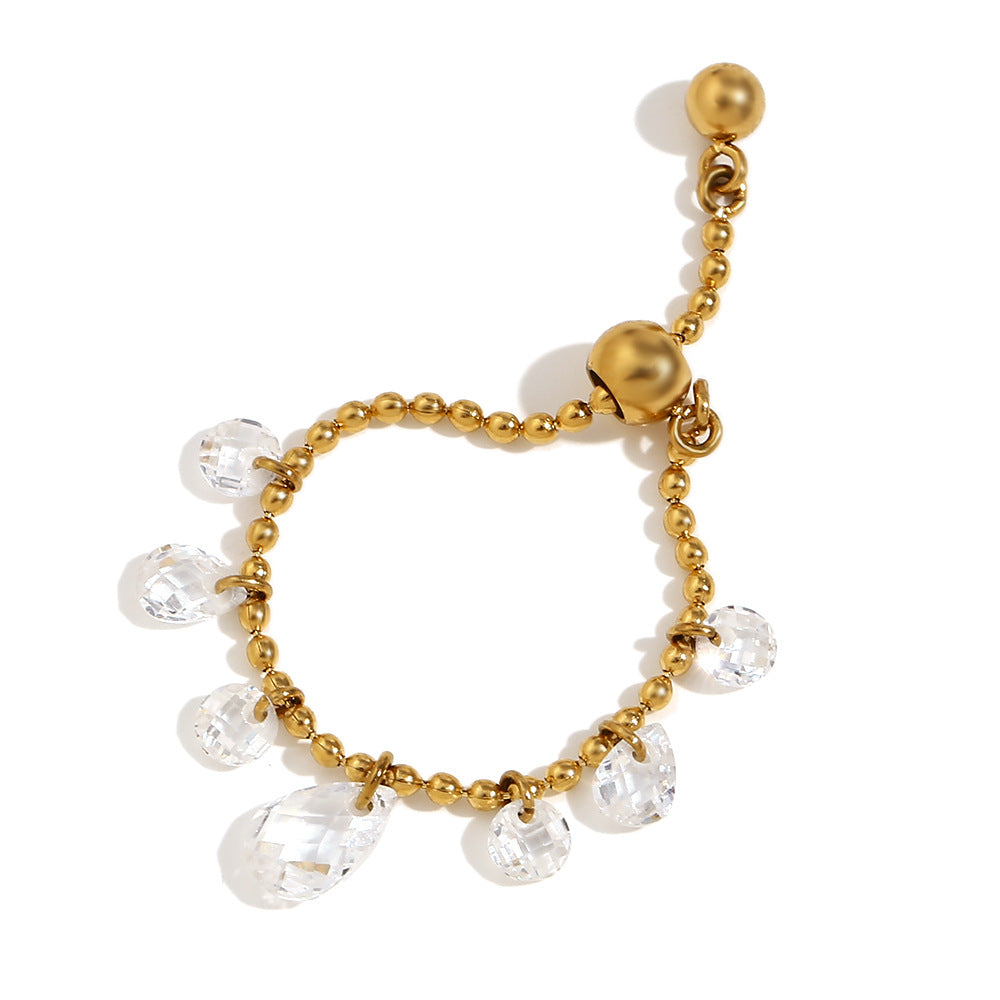 Fashionable Geometric Stainless Steel Ring with 18K Gold Plating Adjustable Beaded Pendant for Women