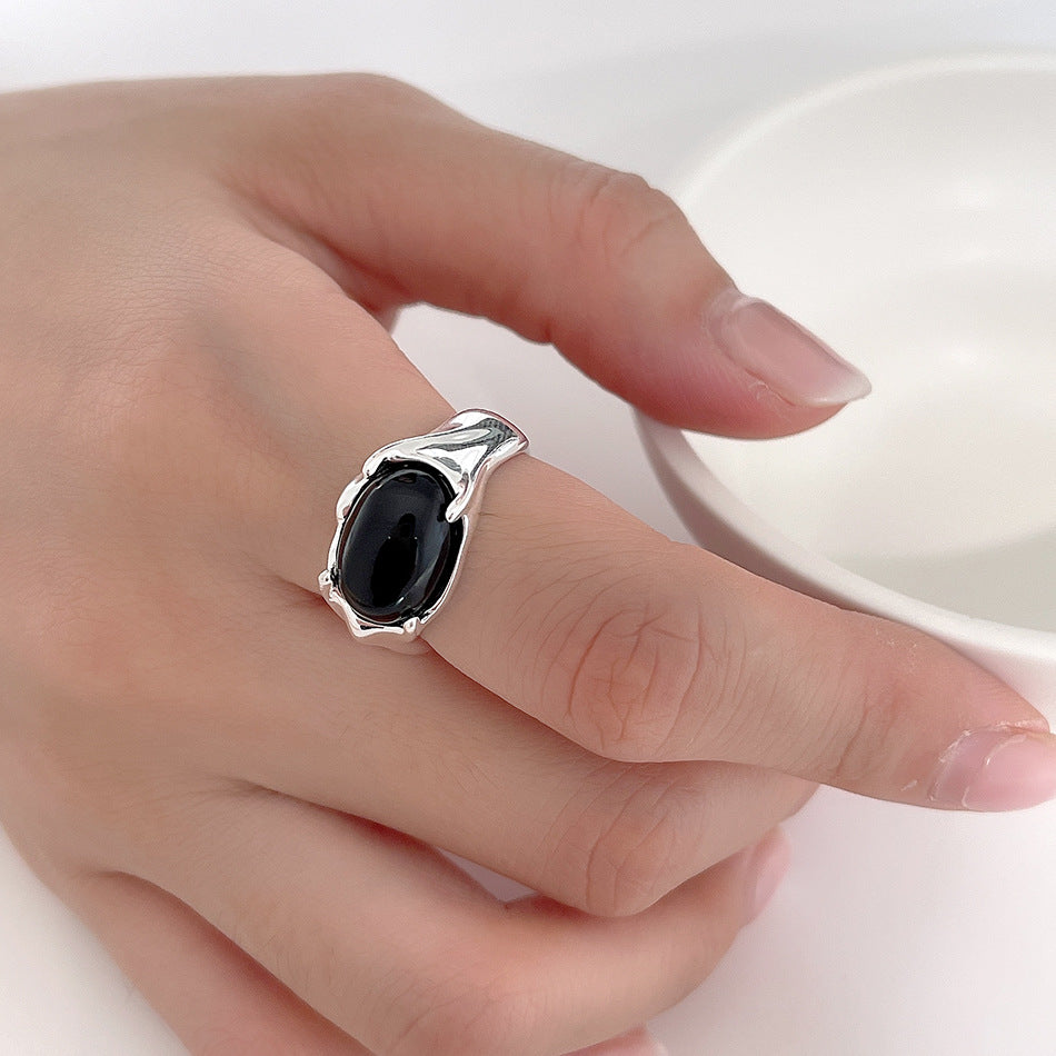 Anello floreale minimalista in argento sterling 925 con intarsio in agata nera, gioielli da donna regolabili