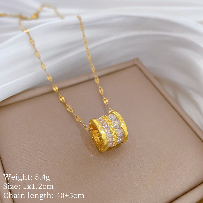 Minimalist Geometric Titanium Steel Necklace with Gold Plated Brass Pendant and Rhinestone Inlay